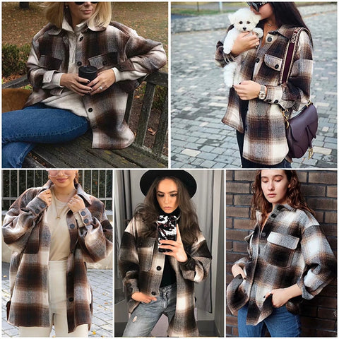 Vintage women long sleeve woolen coats fashion ladies thick plaid coat