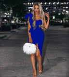 New Summer Fashion Women Bodycon Dress One Shoulder Bow Mesh Ruffle Sleeveless Bandage Dress Celebrity Party Evening Sexy