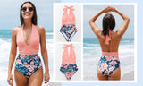 Floral Deep V-neck Halter One-Piece Swimsuit Sexy Backless Lace Up Women Monokini