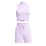 2 Piece Set Women Outfit Fitness Clothing Cross Crop Top Sports Bra Seamless Drawstring Biker Shorts Yoga Set