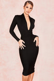 New Summer Deep V Neck Women Bandage Dress Sexy Full Sleeves Solid Celebrity Bodycon Club Evening Midi Party Dress