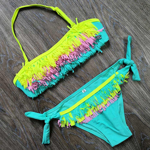 5-12 Years Teenager Girls Swimsuit Kids Swimwear Tassel Big Girl Bikini Halter Top Bathing Suit