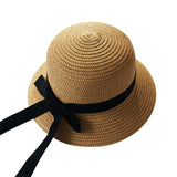 Girls Summer Cap Black Ribbon Decorate Wavy Straw Hat For Girls Children Panama Hat Kids Sun Cap Baby Beach Hats