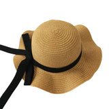 Girls Summer Cap Black Ribbon Decorate Wavy Straw Hat For Girls Children Panama Hat Kids Sun Cap Baby Beach Hats