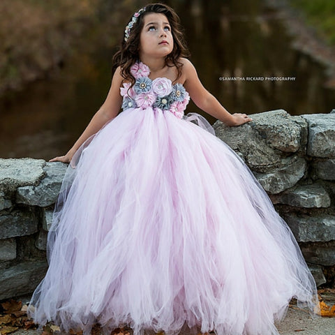 Pink and Grey Flower Girl Tutu Dress Wedding Tulle Dress Girls Wedding Dresses Robe Demoiselle Rose Kids Girls Clothes Dress