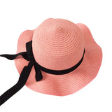 Girls Summer Cap Black Ribbon Decorate Wavy Straw Hat For Girls Children Panama Hat Kids Sun Cap Baby Beach Hats