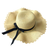 Girls Summer Cap Black Ribbon Decorate Wavy Straw Hat For Girls Children Panama Hat Kids Sun Cap Baby Beach Hats