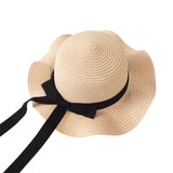 Girls Summer Cap Black Ribbon Decorate Wavy Straw Hat For Girls Children Panama Hat Kids Sun Cap Baby Beach Hats