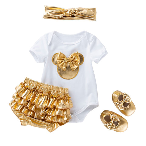 New Baby Girl Clothes White Cotton Rompers and Golden Ruffles Baby Girls Tutu Skirt Shoes Headband Newborn Sets