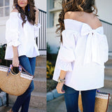 Sexy Off Shoulder Spring Summer Strapless Blouse Women Bowknot Tops Slash Neck Shirts Casual