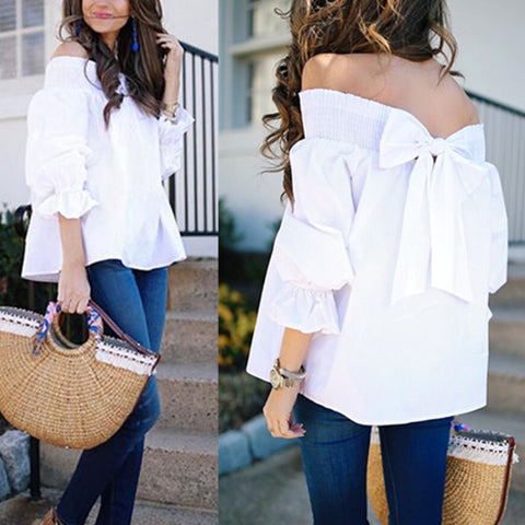 Sexy Off Shoulder Spring Summer Strapless Blouse Women Bowknot Tops Slash Neck Shirts Casual