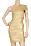 Fashion Gold Bandage Dress One Shoulder Stamp Women Mini Dresses Celebrity Party Club Bodycon