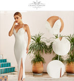 New Summer Women White Bodycon Bandage Dress Sexy V Neck Spaghetti Strap Club Celebrity Evening Runway Party Long Dresses