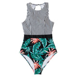 Black Striped And Green Leaf One-piece Swimsuit Women Sexy Cutout Monokini Bathing Suits