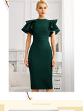 New Summer Green O Neck Midi Bandage Dress For Women  Sexy Ruffles Short Sleeve Hot Celebrity Club Evening Party Dress