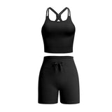 2 Piece Set Women Outfit Fitness Clothing Cross Crop Top Sports Bra Seamless Drawstring Biker Shorts Yoga Set