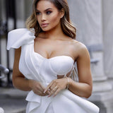 New Summer Fashion Women Bodycon Dress One Shoulder Bow Mesh Ruffle Sleeveless Bandage Dress Celebrity Party Evening Sexy