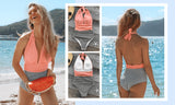 Floral Deep V-neck Halter One-Piece Swimsuit Sexy Backless Lace Up Women Monokini