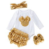 New Baby Girl Clothes White Cotton Rompers and Golden Ruffles Baby Girls Tutu Skirt Shoes Headband Newborn Sets