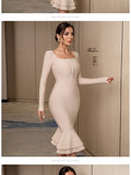 New Autumn Winter Women Apricot Bodycon Bandage Dress Sexy Mermaid Long Sleeve Lady Club Celebrity Runway Party Dress