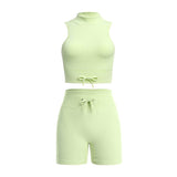 2 Piece Set Women Outfit Fitness Clothing Cross Crop Top Sports Bra Seamless Drawstring Biker Shorts Yoga Set