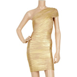 Fashion Gold Bandage Dress One Shoulder Stamp Women Mini Dresses Celebrity Party Club Bodycon