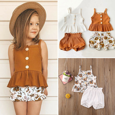 1-5 Years 2Pcs Kids Baby Girl Clothes Sleeveless Tops+Flower Shorts 2PCS Summer Vest Child Girl Outfit Set