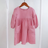 Autumn Spring  Organic Cotton Double Gauze Loose Pockets Baby Girls Dress Fashion