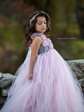 Pink and Grey Flower Girl Tutu Dress Wedding Tulle Dress Girls Wedding Dresses Robe Demoiselle Rose Kids Girls Clothes Dress