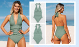 Floral Deep V-neck Halter One-Piece Swimsuit Sexy Backless Lace Up Women Monokini