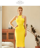 New Summer Women Strapless Yellow Bodycon Bandage Dress Sexy Sleeveless Halter Celebrity Evening Runway Party Dresses