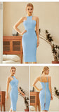 New Summer Women Strapless Yellow Bodycon Bandage Dress Sexy Sleeveless Halter Celebrity Evening Runway Party Dresses