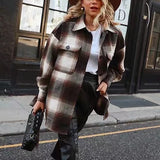 Vintage women long sleeve woolen coats fashion ladies thick plaid coat