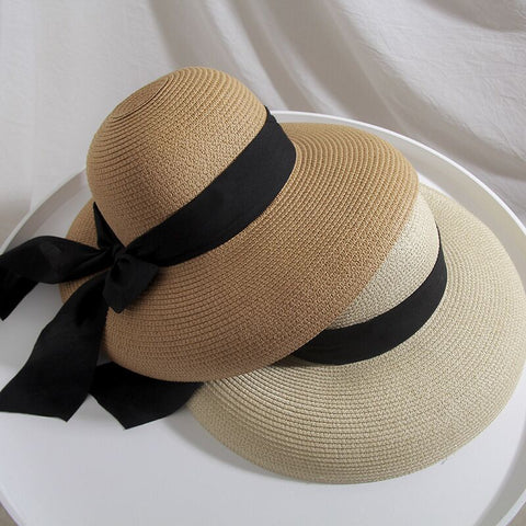 Summer women Big Bow Sun Hat Hepburn Style Vintage Design Wide side Solid Color Anti-UV Holiday Beach Hat