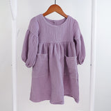 Autumn Spring  Organic Cotton Double Gauze Loose Pockets Baby Girls Dress Fashion