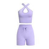 2 Piece Set Women Outfit Fitness Clothing Cross Crop Top Sports Bra Seamless Drawstring Biker Shorts Yoga Set