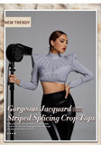 Chic Gorgeous Jacquard Striped Splicing Design Long Sleeves Celebrity Party Club Bandage Crop Tops