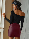 Black PU Leather Womens Skirts Autumn Winter Sexy High Street Bodycon Mini Skirt