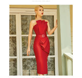 Women Red Ruffles Bandage Dress New Summer Sexy Strapless Sleeveless Diamonds Midi Club Evening Party Outfits Dresses