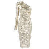 Sexy One Shoulder Dress Women Sparkle Glitzy Sequins Dress Mesh Patchwork Celebrity Christmas Party