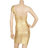 Fashion Gold Bandage Dress One Shoulder Stamp Women Mini Dresses Celebrity Party Club Bodycon