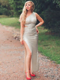 One Shoulder Silver Navy Stretchy Party Dress Sequin Hollow Out Split Leg Floor Length