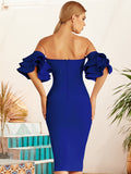 New Summer Women Blue Off Shoulder Bodycon Bandage Dress Sexy Butterfly Short Sleeve Hot Celebrity Runway Party Dress