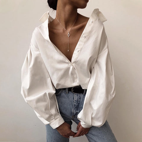 Casual Vintage Sexy Button White Blouse Women Lantern Sleeve Oversized Loose Women Shirt Cotton