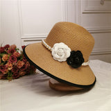 French retro elegant straw hat Hepburn pearl flower seaside holiday beach hat sunshade sunblock hat lady