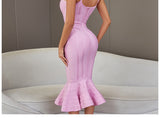 Women Summer Pink Bandage Dress 2022 Spaghetti Strap Mermaid V-Neck Midi Clubwears Celebrity Evening Party Dress Vestidos