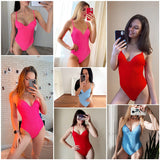 Sexy One Piece Swimsuit Women Push Up Swimwear Female Thong Monokini Solid Backless Bathing Suit