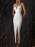 New Summer Women White Bodycon Bandage Dress Sexy V Neck Spaghetti Strap Club Celebrity Evening Runway Party Long Dresses