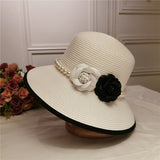 French retro elegant straw hat Hepburn pearl flower seaside holiday beach hat sunshade sunblock hat lady