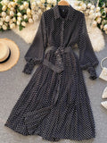 French Vintage Maxi Dress Sundress Ladies Long Sleeve Polka Dot Chiffon Pleated Dresses